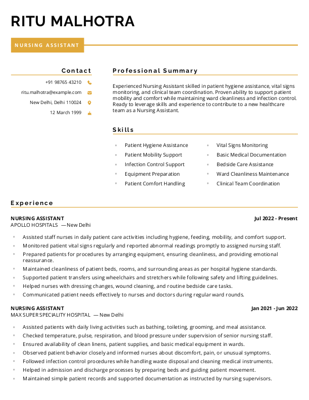 Nursing Assistant Resume format in Word | Free Download