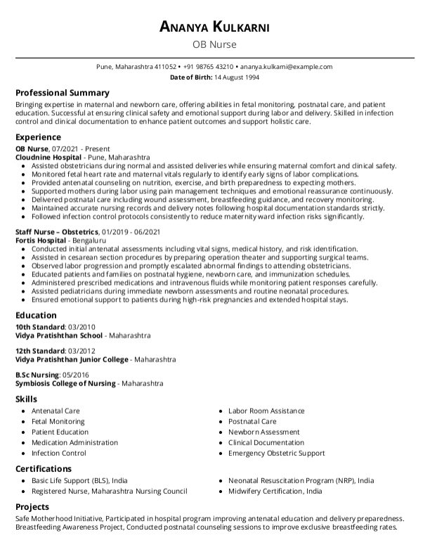 OB Nurse Resume format in Word - Free Download