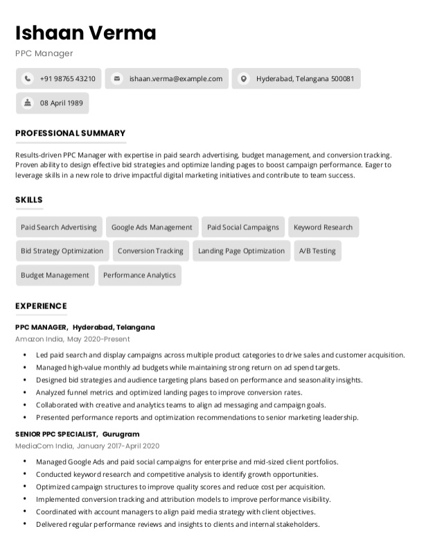 PPC Manager Resume format in Word - Free Download