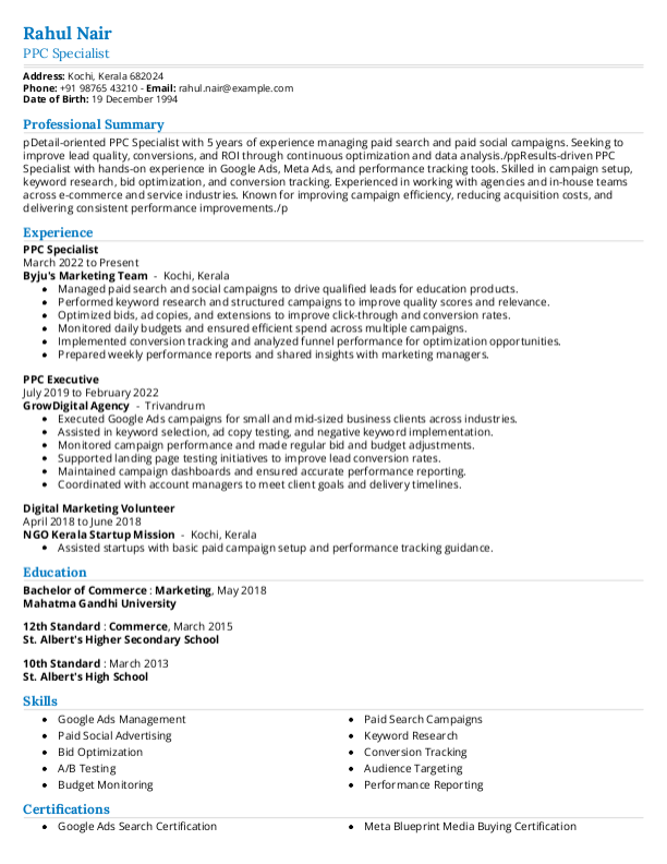 PPC Specialist Resume format in Word | Free Download