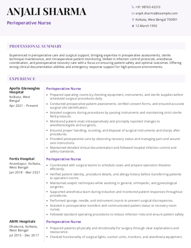 Perioperative Nurse Resume format in Word - Free Download