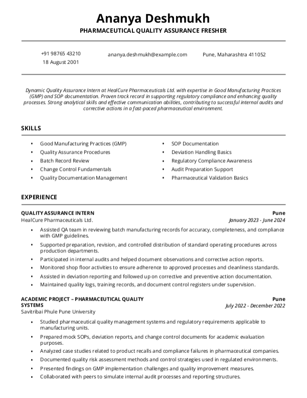 Pharmaceutical Quality Assurance fresher Resume format in Word - Free Download