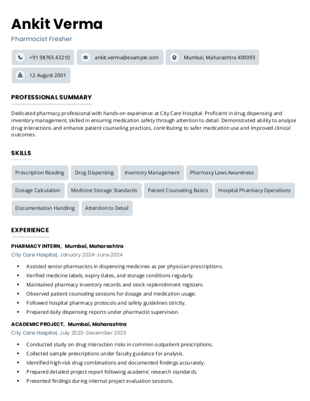 Pharmacist Fresher Resume format in Word - Free Download