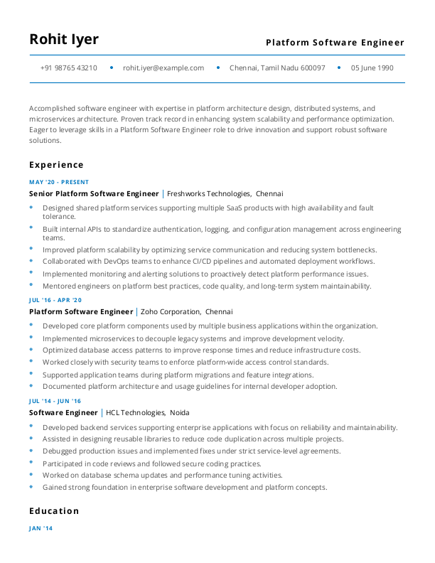 Platform Software Engineer Resume format in Word - Free Download