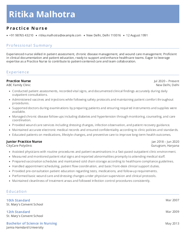 Practice Nurse Resume format in Word - Free Download
