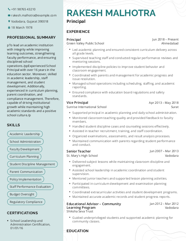 Principal Resume format in Word - Free Download