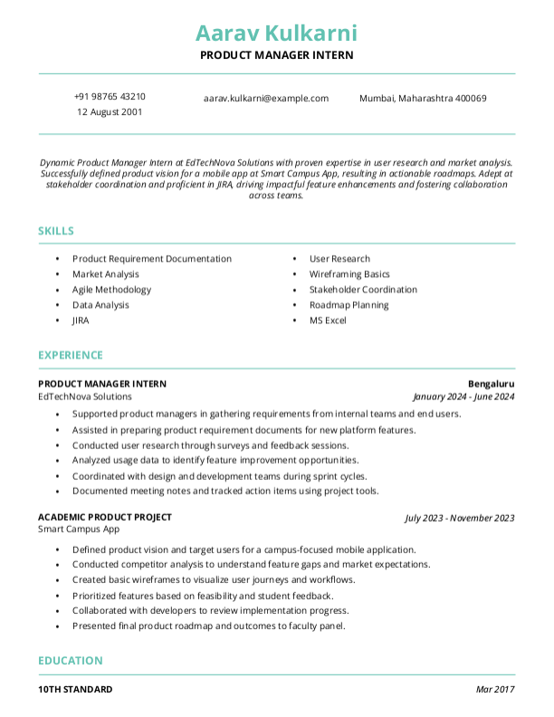 Product Manager Intern Resume format in Word - Free Download