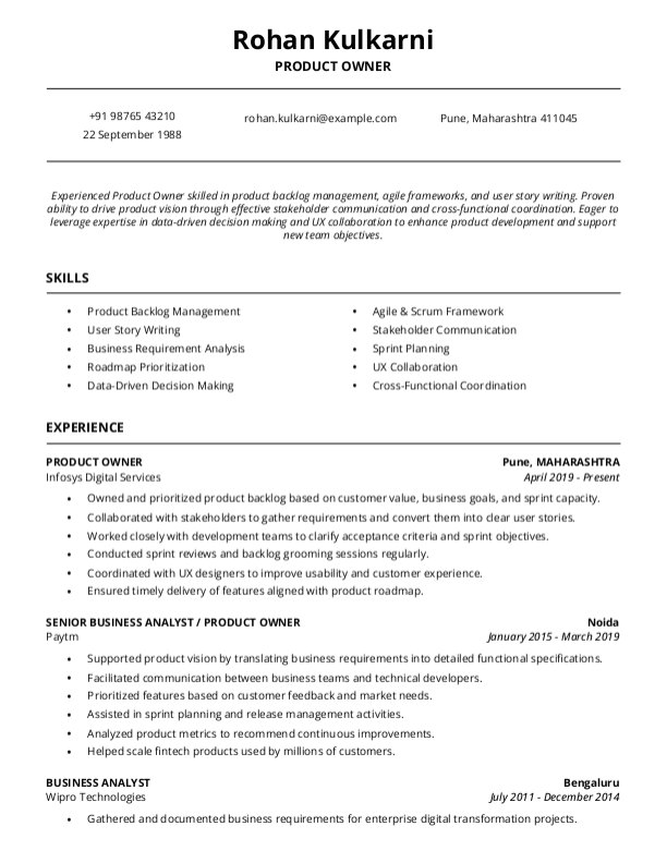 Product Owner Resume format in Word | Free Download