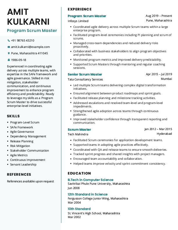 Program Scrum Master Resume format in Word - Free Download