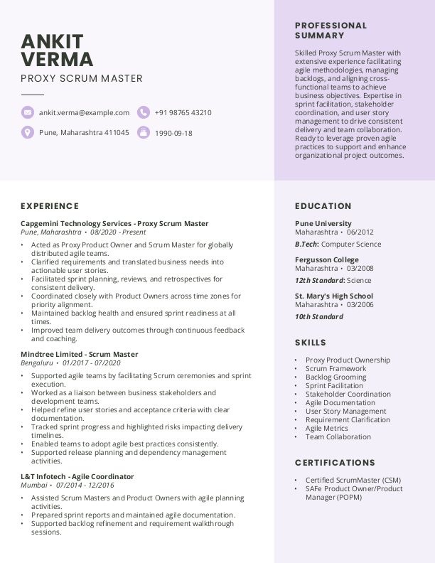 Proxy Scrum Master Resume format in Word - Free Download