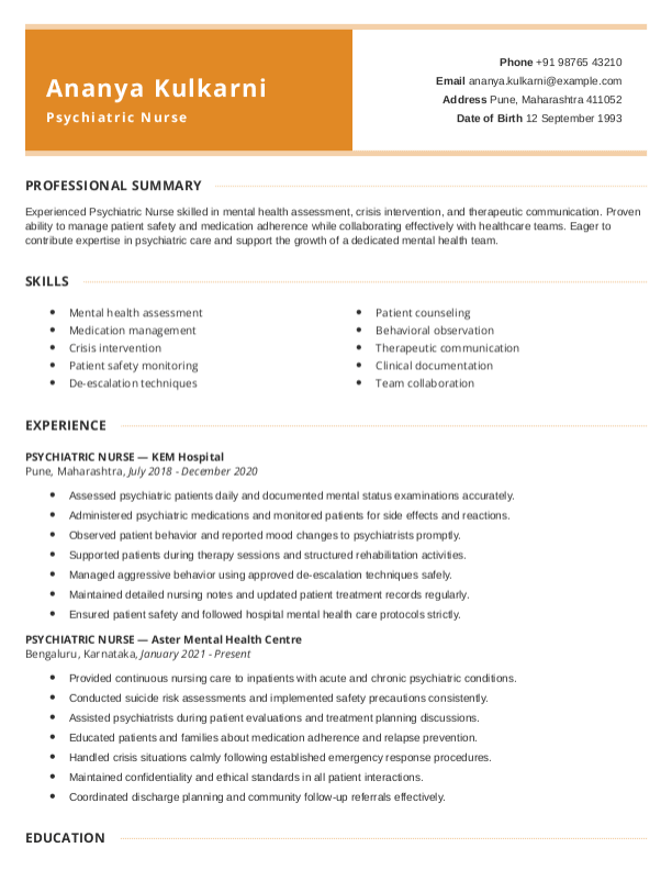 Psychiatric Nurse Resume format in Word - Free Download