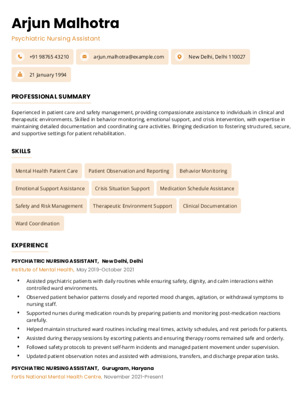 Psychiatric Nursing Assistant Resume format in Word - Free Download