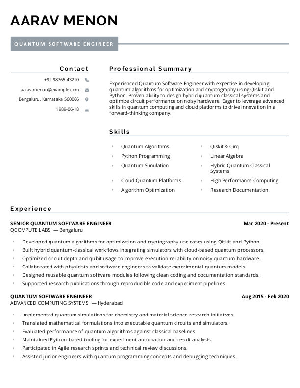 Quantum Software Engineer Resume format in Word - Free Download