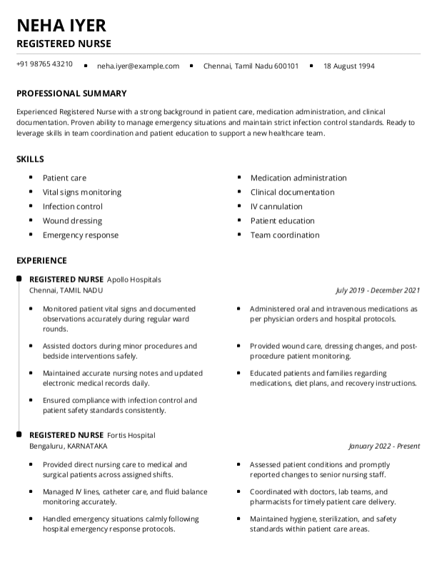 Registered Nurse Resume format in Word - Free Download