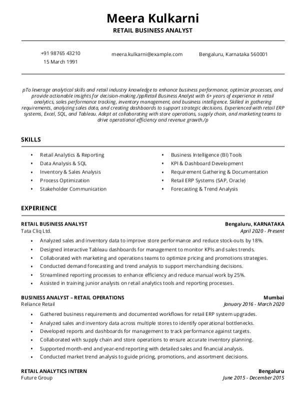 Retail Business Analyst Resume format in Word - Free Download