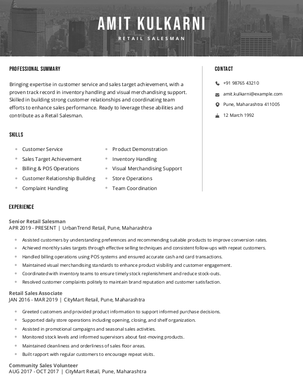 Retail salesman Resume format in Word - Free Download