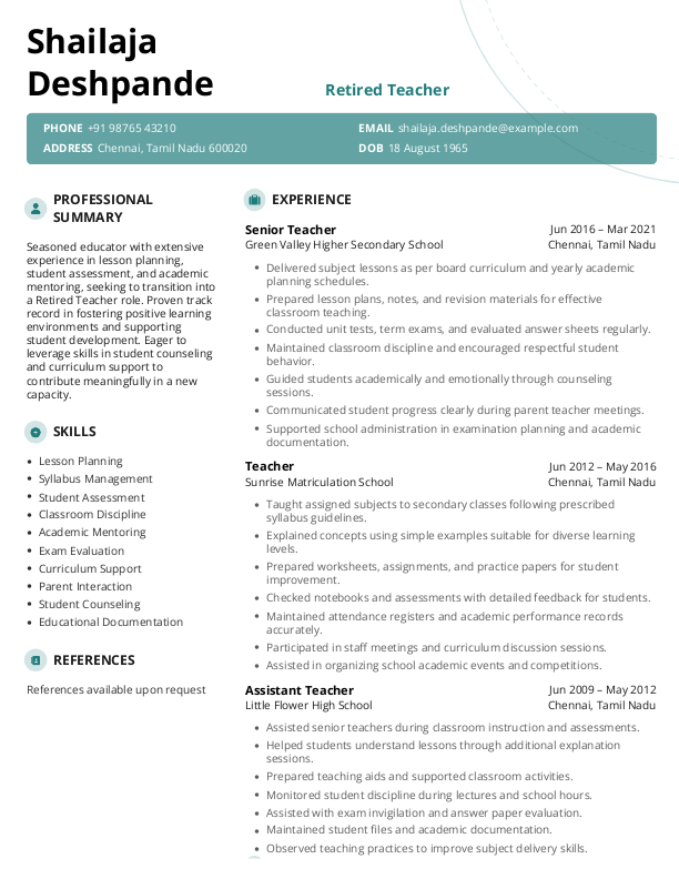 Retired Teacher Resume format in Word - Free Download