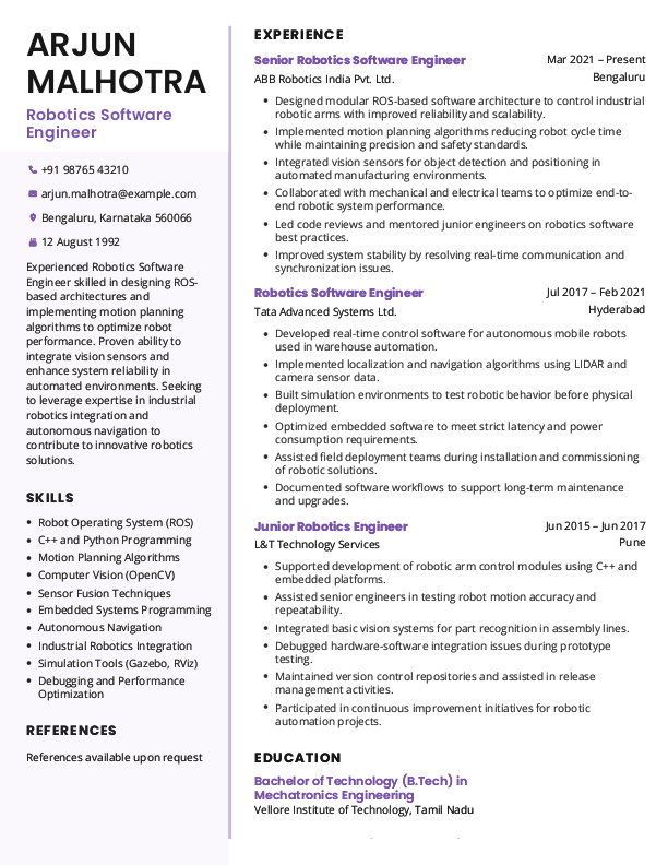 Robotics Software Engineer Resume format in Word - Free Download