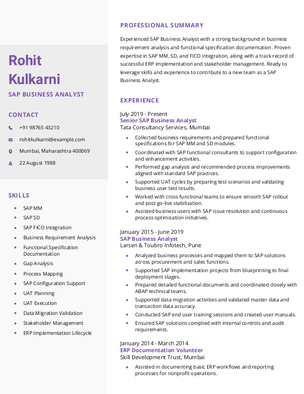 SAP Business Analyst Resume format in Word - Free Download