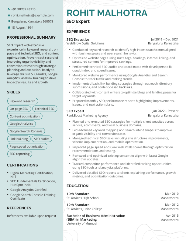 SEO Expert Resume format in Word - Free Download
