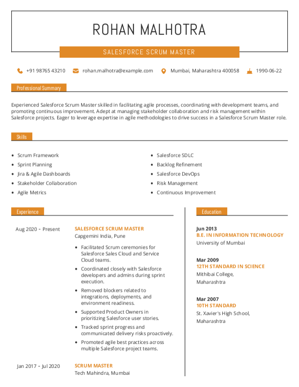 Salesforce Scrum Master Resume format in Word - Free Download