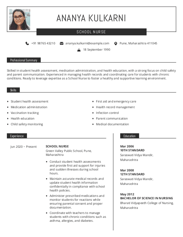 School Nurse Resume format in Word - Free Download
