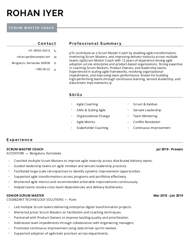 Scrum Master Coach Resume format in Word - Free Download