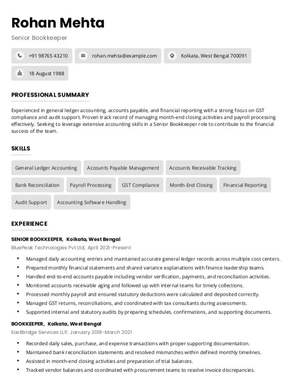Senior Bookkeeper Resume format in Word - Free Download