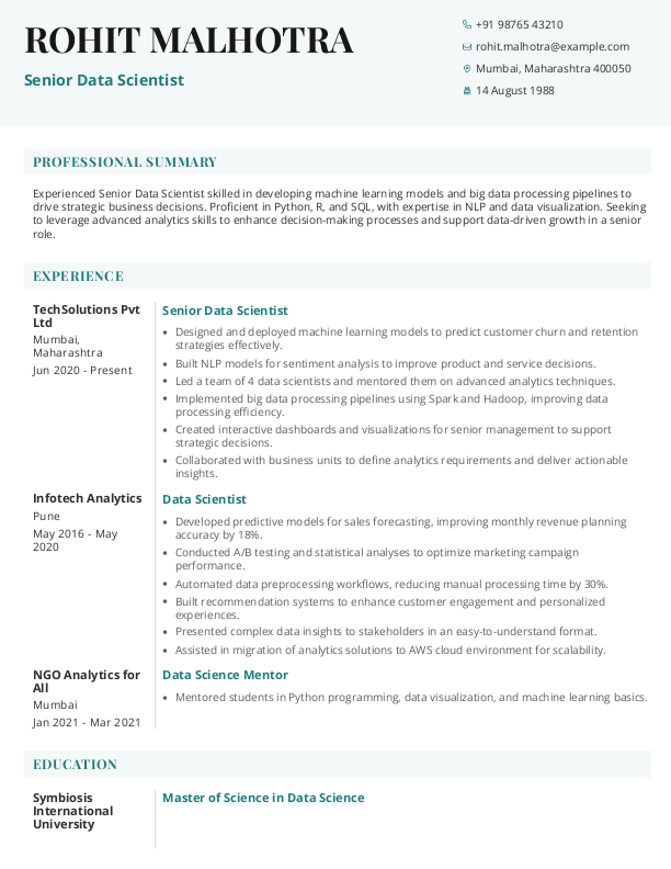 Senior Data Scientist Resume format in Word - Free Download