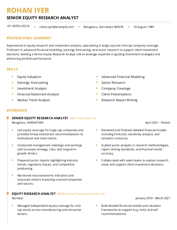 Senior Equity Research Analyst Resume format in Word - Free Download