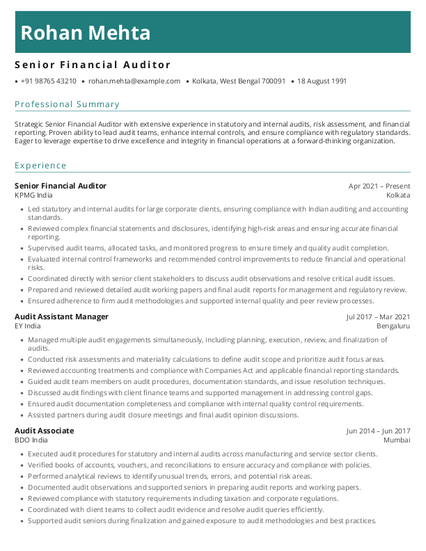 Senior Financial Auditor Resume format in Word - Free Download