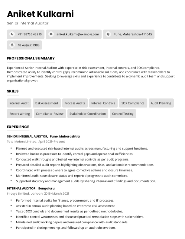 Senior Internal Auditor Resume format in Word - Free Download