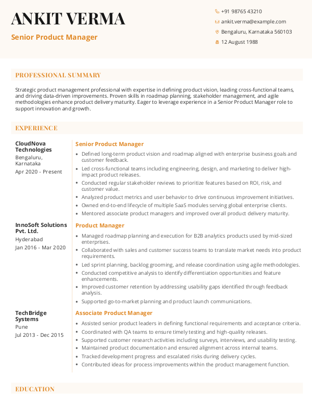 Senior Product Manager Resume format in Word - Free Download