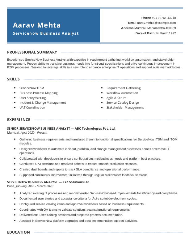Servicenow Business Analyst Resume format in Word - Free Download