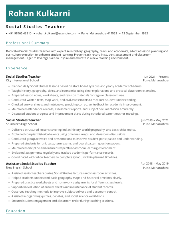Social Studies Teacher Resume format in Word - Free Download