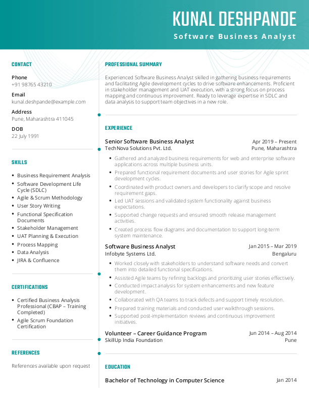 Software Business Analyst Resume format in Word - Free Download