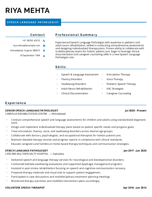 Speech Language Pathologist Resume format in Word - Free Download