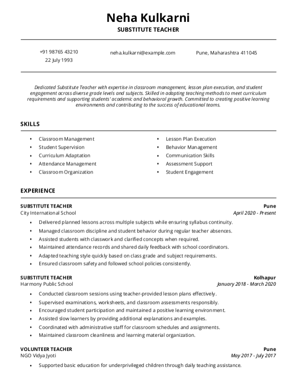 Substitute Teacher Resume format in Word - Free Download