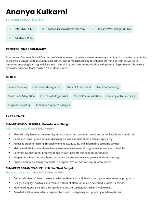 Summer School Teacher Resume format in Word | Free Download