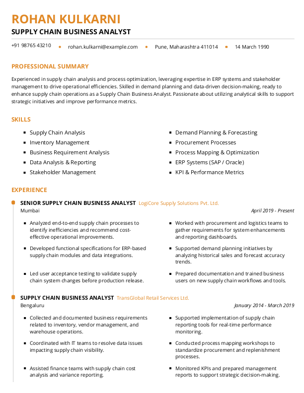 Supply Chain Business Analyst Resume format in Word - Free Download