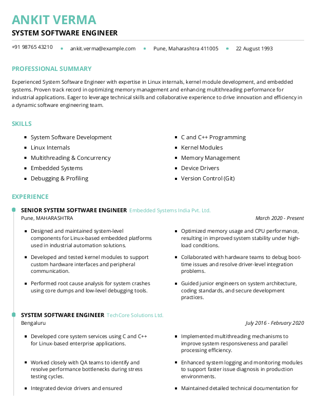 System Software Engineer Resume format in Word - Free Download