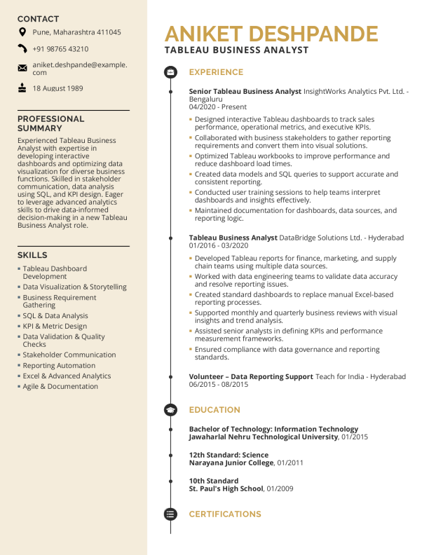 Tableau Business Analyst Resume format in Word - Free Download