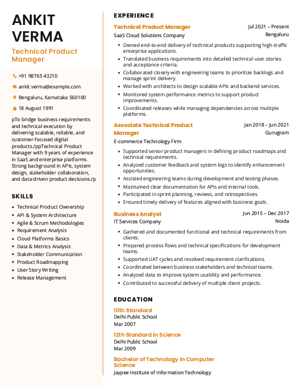Technical Product Manager Resume format in Word - Free Download