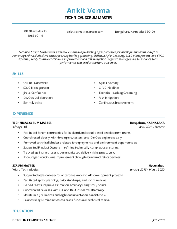 Technical Scrum Master Resume format in Word - Free Download