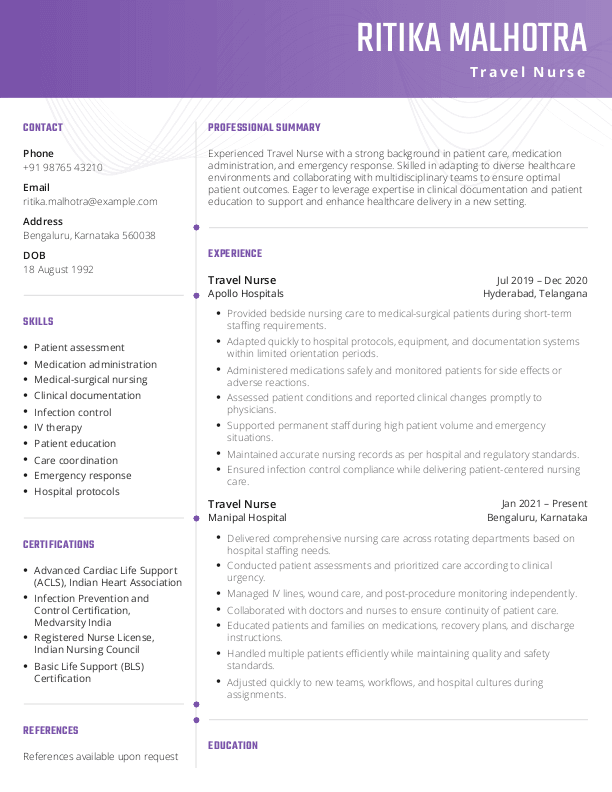 Travel Nurse Resume format in Word - Free Download