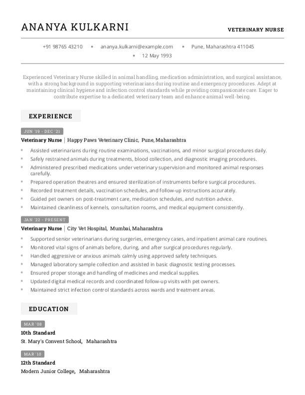 Veterinary Nurse Resume format in Word - Free Download