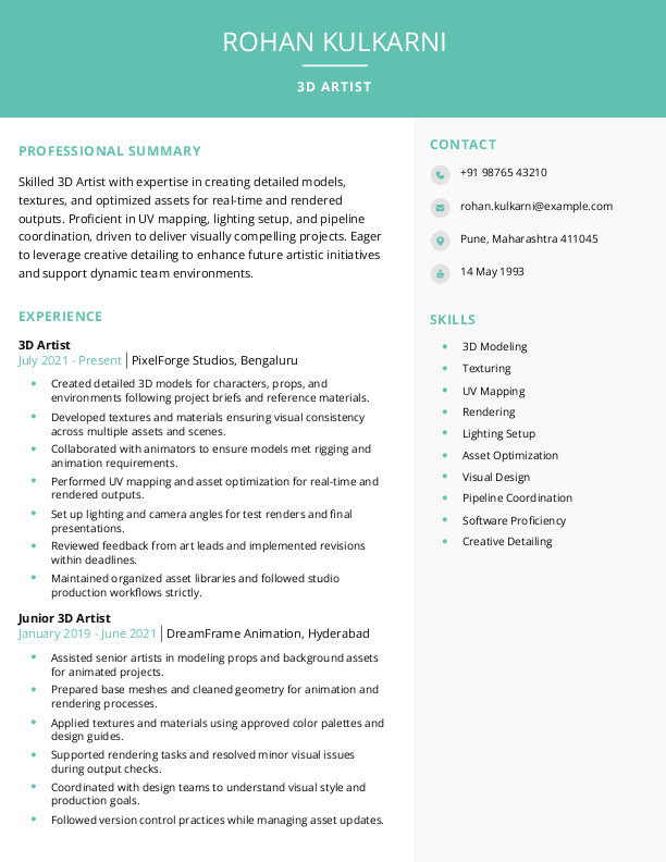 3D Artist Resume format in Word | Free Download