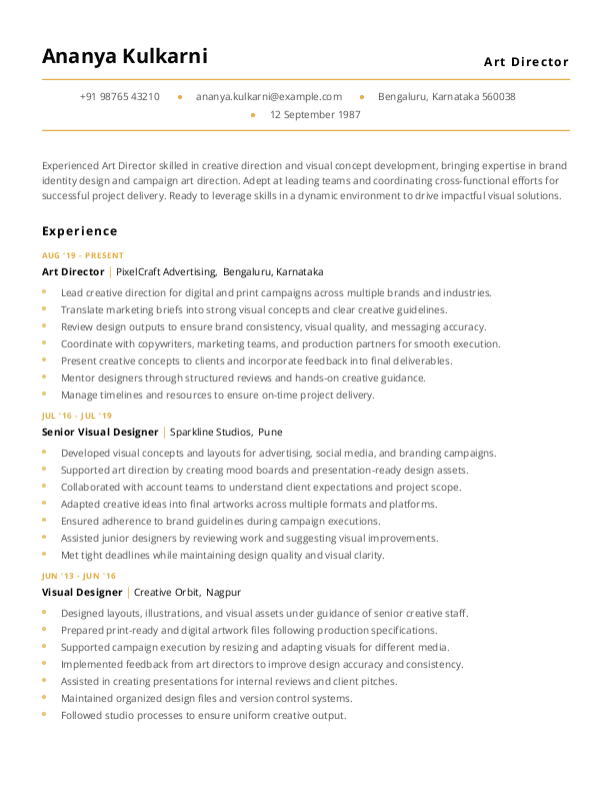 Art Director Resume format in Word | Free Download