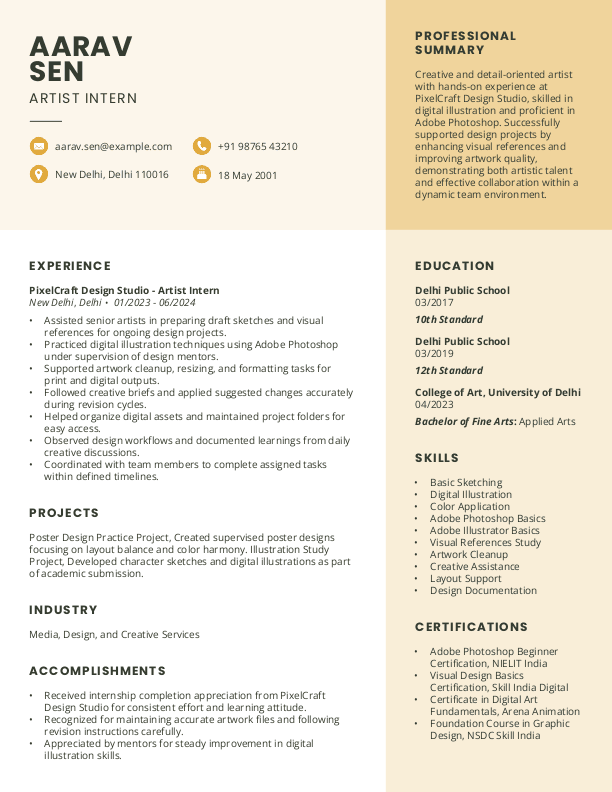 Artist Intern Resume format in Word - Free Download