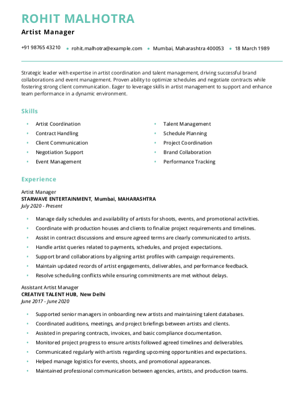 Artist Manager Resume format in Word | Free Download